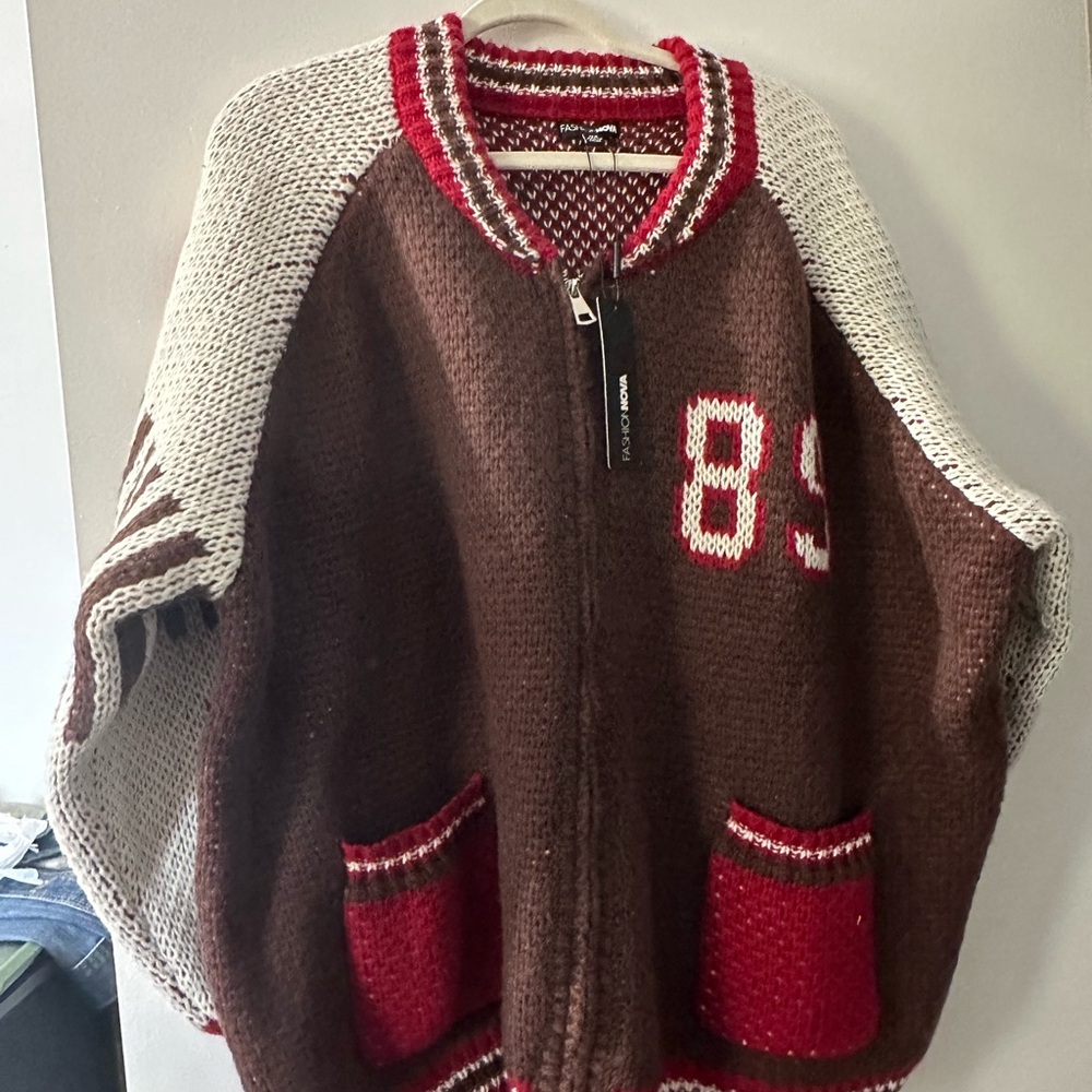 Brown and Red Knit Cape with Number Detail
